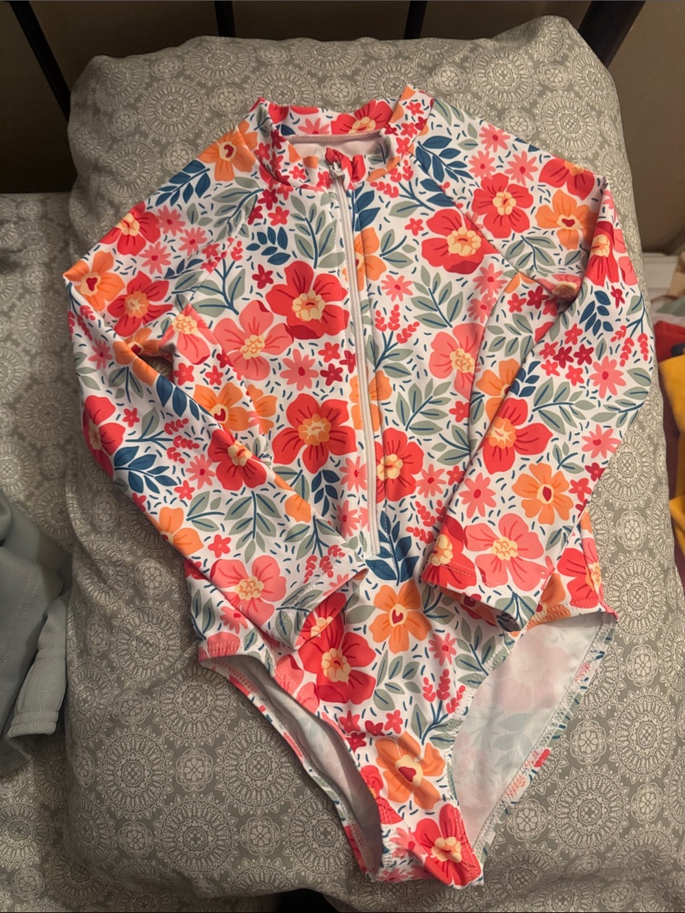 Kids Floral Long-Sleeve Zip One-Piece Swimsuit - Pink/Coral/Orange